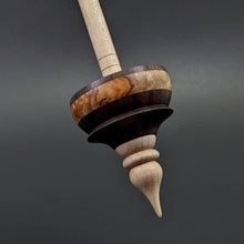 Load image into Gallery viewer, Tibetan style spindle in East Indian rosewood, amboyna burl, and curly maple