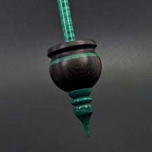 Load image into Gallery viewer, Cauldron spindle in African blackwood and hand dyed curly maple with malachite inlay