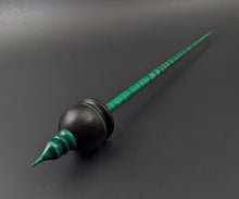 Load image into Gallery viewer, Cauldron spindle in African blackwood and hand dyed curly maple with malachite inlay