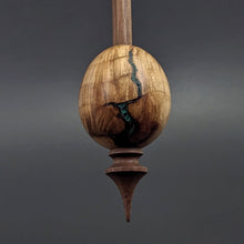 Load image into Gallery viewer, Egg bead spindle in maple burl and walnut with malachite inlay