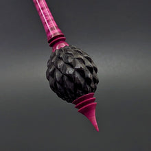 Load image into Gallery viewer, Dragon egg bead spindle in African blackwood and hand dyed curly maple
