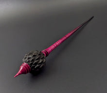Load image into Gallery viewer, Dragon egg bead spindle in African blackwood and hand dyed curly maple