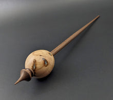 Load image into Gallery viewer, Egg bead spindle in maple burl and walnut with turquoise inlay