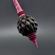 Load image into Gallery viewer, Dragon egg bead spindle in African blackwood and hand dyed curly maple