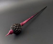 Load image into Gallery viewer, Dragon egg bead spindle in African blackwood and hand dyed curly maple