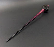 Load image into Gallery viewer, Dragon egg bead spindle in African blackwood and hand dyed curly maple
