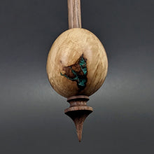 Load image into Gallery viewer, Egg bead spindle in maple burl and walnut with malachite inlay