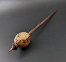 Load image into Gallery viewer, Egg bead spindle in maple burl and walnut with malachite inlay