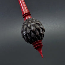 Load image into Gallery viewer, Dragon egg bead spindle in African blackwood and hand dyed curly maple