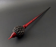 Load image into Gallery viewer, Dragon egg bead spindle in African blackwood and hand dyed curly maple