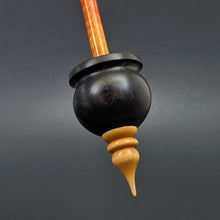 Load image into Gallery viewer, Cauldron spindle in African blackwood and hand dyed curly maple