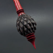 Load image into Gallery viewer, Dragon egg bead spindle in African blackwood and hand dyed curly maple