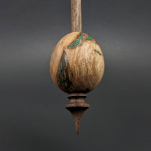 Load image into Gallery viewer, Egg bead spindle in maple burl and walnut with malachite inlay