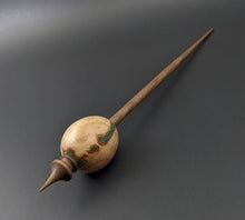 Load image into Gallery viewer, Egg bead spindle in maple burl and walnut with malachite inlay