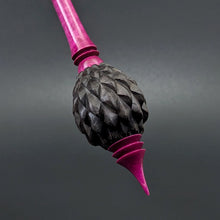 Load image into Gallery viewer, Dragon egg bead spindle in African blackwood and hand dyed curly maple