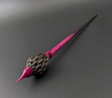 Load image into Gallery viewer, Dragon egg bead spindle in African blackwood and hand dyed curly maple