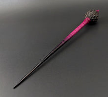 Load image into Gallery viewer, Dragon egg bead spindle in African blackwood and hand dyed curly maple