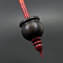 Load image into Gallery viewer, Cauldron spindle in African blackwood and hand dyed curly maple