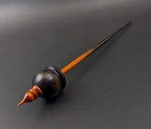 Load image into Gallery viewer, Cauldron spindle in African blackwood and hand dyed curly maple
