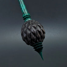 Load image into Gallery viewer, Dragon egg bead spindle in African blackwood and hand dyed curly maple
