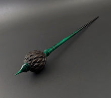 Load image into Gallery viewer, Dragon egg bead spindle in African blackwood and hand dyed curly maple