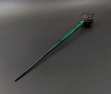 Load image into Gallery viewer, Dragon egg bead spindle in African blackwood and hand dyed curly maple