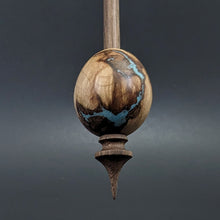 Load image into Gallery viewer, Egg bead spindle in maple burl and walnut with turquoise inlay (<font color="red"<b>RESERVED</b></font> for Debby)