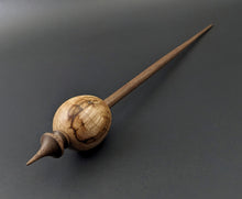 Load image into Gallery viewer, Egg bead spindle in maple burl and walnut with turquoise inlay (<font color="red"<b>RESERVED</b></font> for Debby)