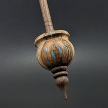 Load image into Gallery viewer, Cauldron spindle in maple burl and walnut with turquoise inlay