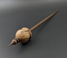 Load image into Gallery viewer, Cauldron spindle in maple burl and walnut with turquoise inlay