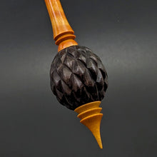 Load image into Gallery viewer, Dragon egg bead spindle in African blackwood and hand dyed curly maple