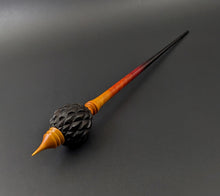 Load image into Gallery viewer, Dragon egg bead spindle in African blackwood and hand dyed curly maple