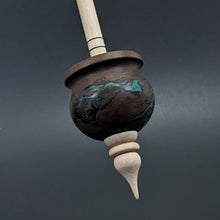 Load image into Gallery viewer, Cauldron spindle in walnut burl and curly maple with malachite inlay