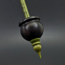 Load image into Gallery viewer, Cauldron spindle in African blackwood and hand dyed curly maple