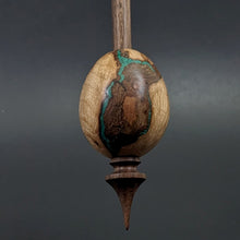 Load image into Gallery viewer, Egg bead spindle in maple burl and walnut with malachite inlay