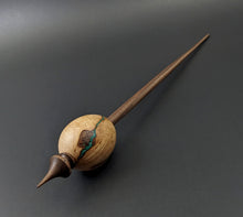 Load image into Gallery viewer, Egg bead spindle in maple burl and walnut with malachite inlay