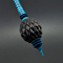 Load image into Gallery viewer, Dragon egg bead spindle in African blackwood and hand dyed curly maple