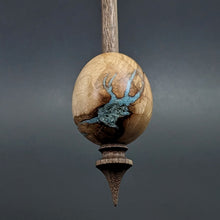 Load image into Gallery viewer, Egg bead spindle in maple burl and walnut with turquoise inlay