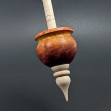 Load image into Gallery viewer, Cauldron spindle in hand dyed maple burl and curly maple