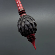 Load image into Gallery viewer, Dragon egg bead spindle in African blackwood and hand dyed curly maple (<font color="red"<b>RESERVED</b></font> for Giselle)