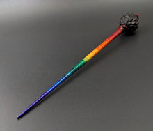 Load image into Gallery viewer, Dragon egg bead spindle in African blackwood and hand dyed curly maple (<font color="red"<b>RESERVED</b></font> for Giselle)