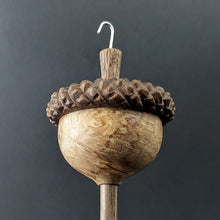 Load image into Gallery viewer, Acorn drop spindle in maple burl and walnut
