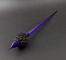 Load image into Gallery viewer, Dragon egg bead spindle in African blackwood and hand dyed curly maple