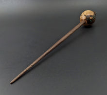 Load image into Gallery viewer, Egg bead spindle in maple burl and walnut with malachite inlay