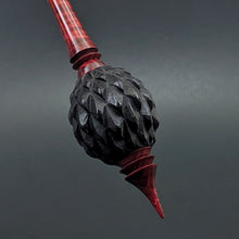 Load image into Gallery viewer, Dragon egg bead spindle in African blackwood and hand dyed curly maple (<font color="red"<b>RESERVED</b></font> for June)