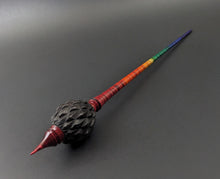 Load image into Gallery viewer, Dragon egg bead spindle in African blackwood and hand dyed curly maple (<font color="red"<b>RESERVED</b></font> for June)