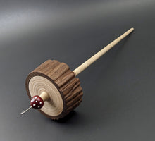 Load image into Gallery viewer, Toadstool stump drop spindle in walnut and curly maple