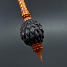 Load image into Gallery viewer, Dragon egg bead spindle in African blackwood and hand dyed curly maple
