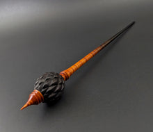 Load image into Gallery viewer, Dragon egg bead spindle in African blackwood and hand dyed curly maple