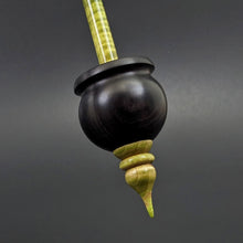 Load image into Gallery viewer, Cauldron spindle in African blackwood and hand dyed curly maple